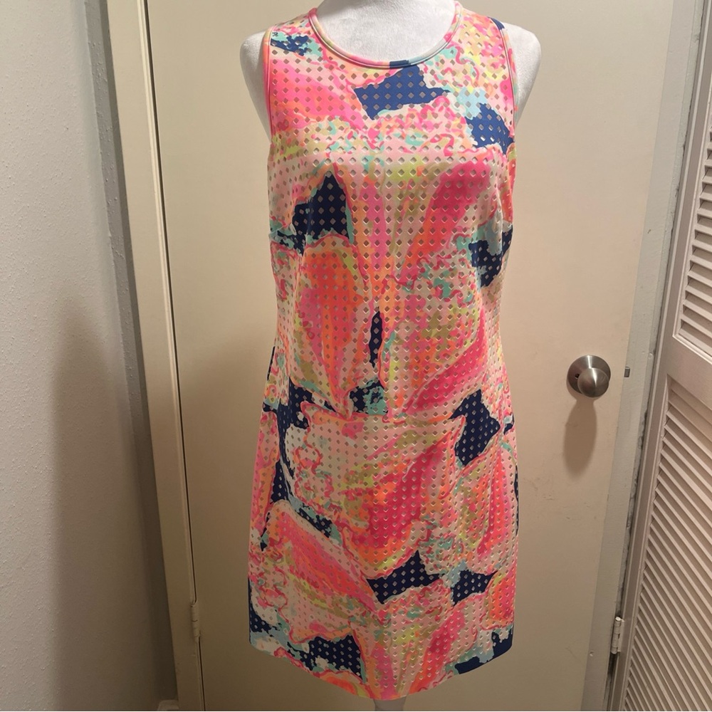 Lilly Pulitzer Vibrant Pink and Blue Midi Dress laser cut size M
